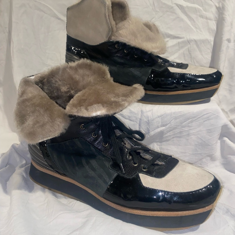 Aquatalia Black and Cream Fur-Trimmed Boots